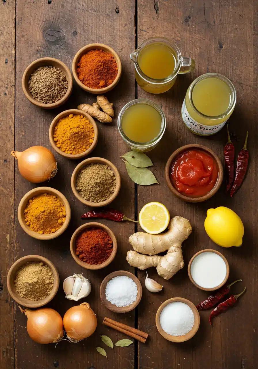 Fresh ingredients and spices for homemade curry sauce, including onions, garlic, ginger, turmeric, cumin, broth, coconut milk, and tomato puree.