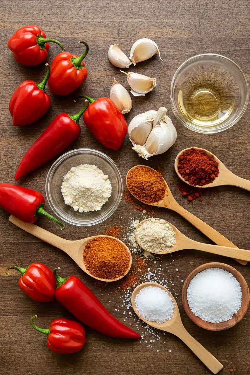 Fresh red chili peppers, garlic, and vinegar arranged on a cutting board.