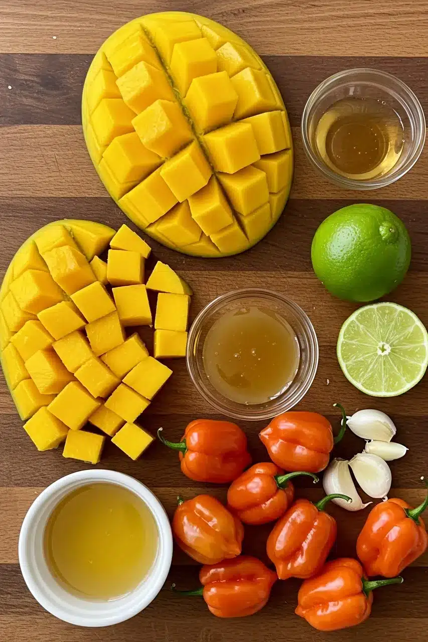 A wooden cutting board with diced mango, whole habanero peppers, lime, garlic, and small bowls of honey and vinegar.