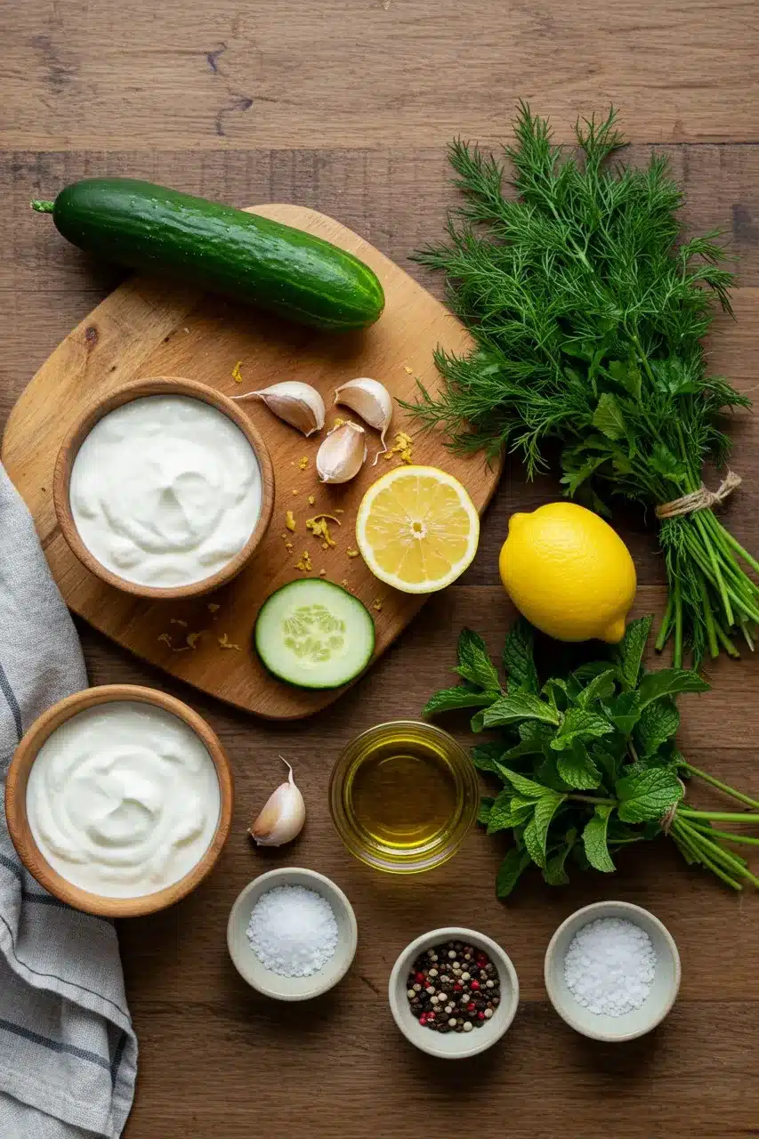 Fresh ingredients for homemade tzatziki sauce on a wooden table.