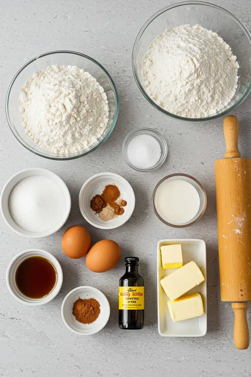 A flat-lay of King Cake ingredients, including flour, sugar, eggs, butter, milk, cinnamon, vanilla extract, and a rolling pin on a kitchen countertop.