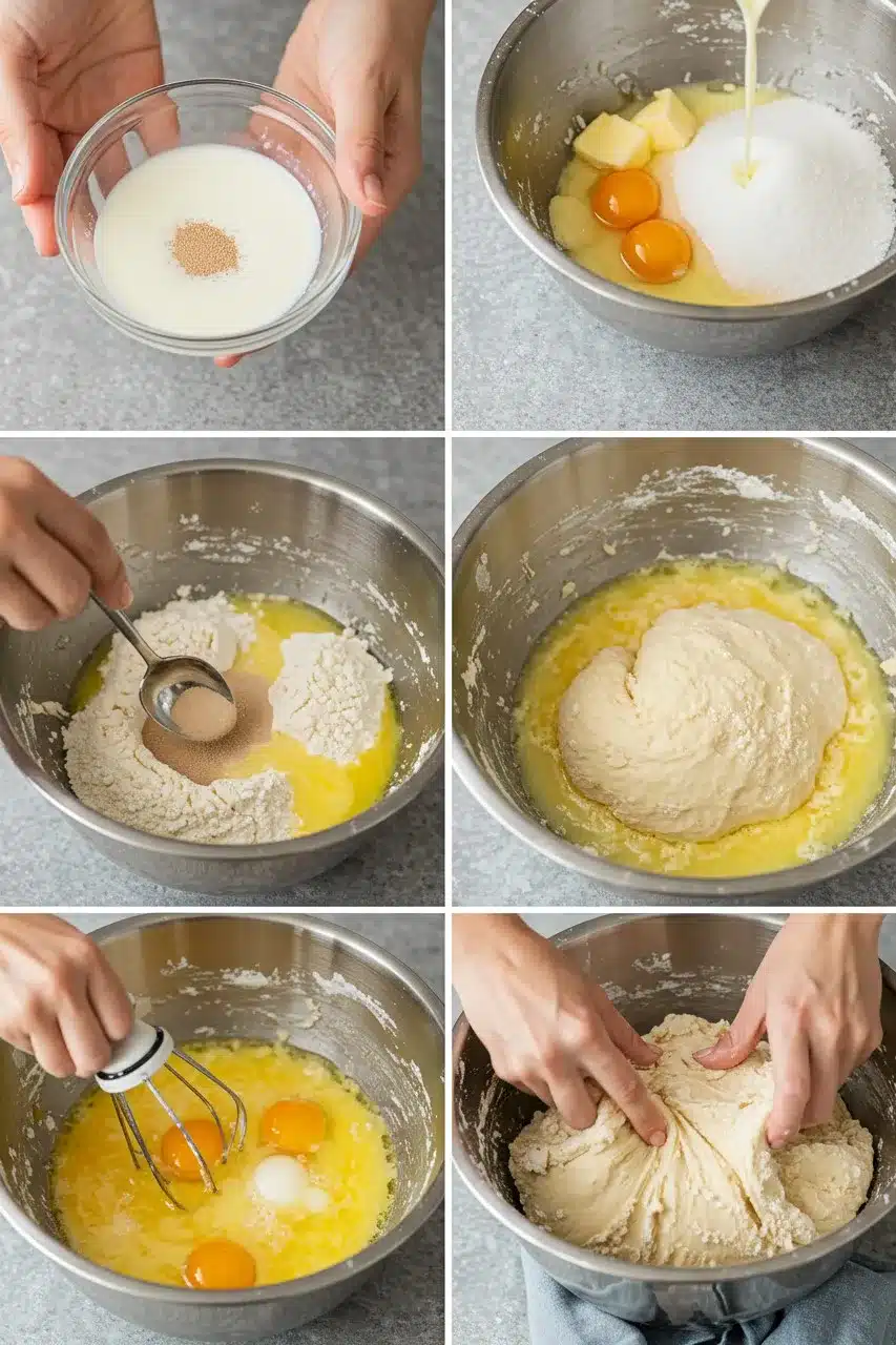 Step-by-step process of making homemade Mardi Gras cake dough, including mixing yeast, eggs, butter, sugar, and flour in a metal bowl.