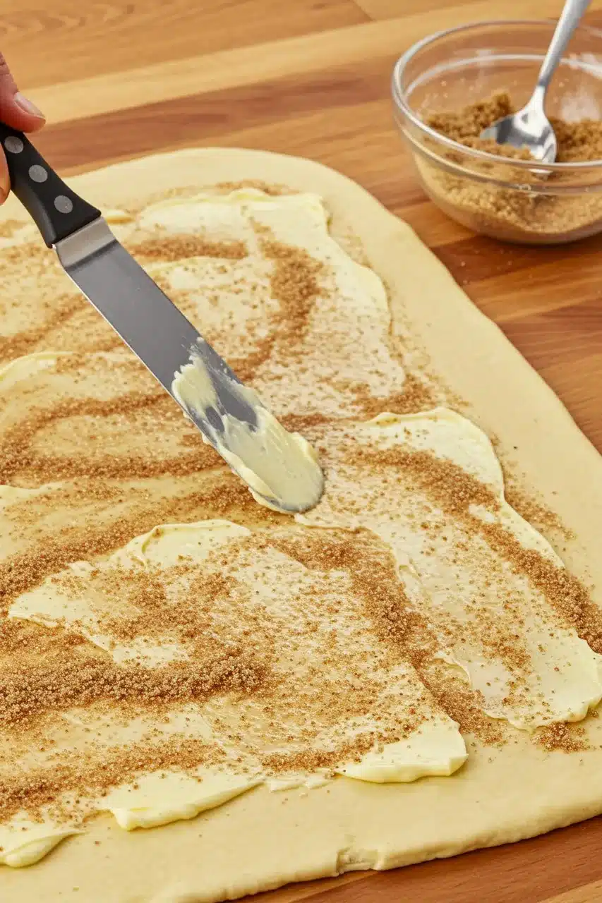 A sheet of rolled-out sweet dough being spread with butter and sprinkled with cinnamon sugar, ready for filling a traditional festival cake.