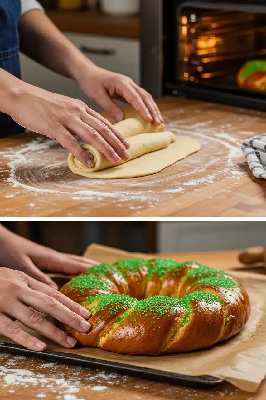 Hands rolling dough into a log on a floured surface and shaping it into a ring before baking a traditional celebration cake. The finished golden-brown pastry is topped with green sugar.