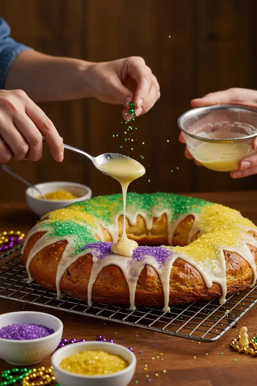 A golden celebration cake being drizzled with icing and decorated with purple, green, and gold sugar, capturing the essence of a festive dessert.