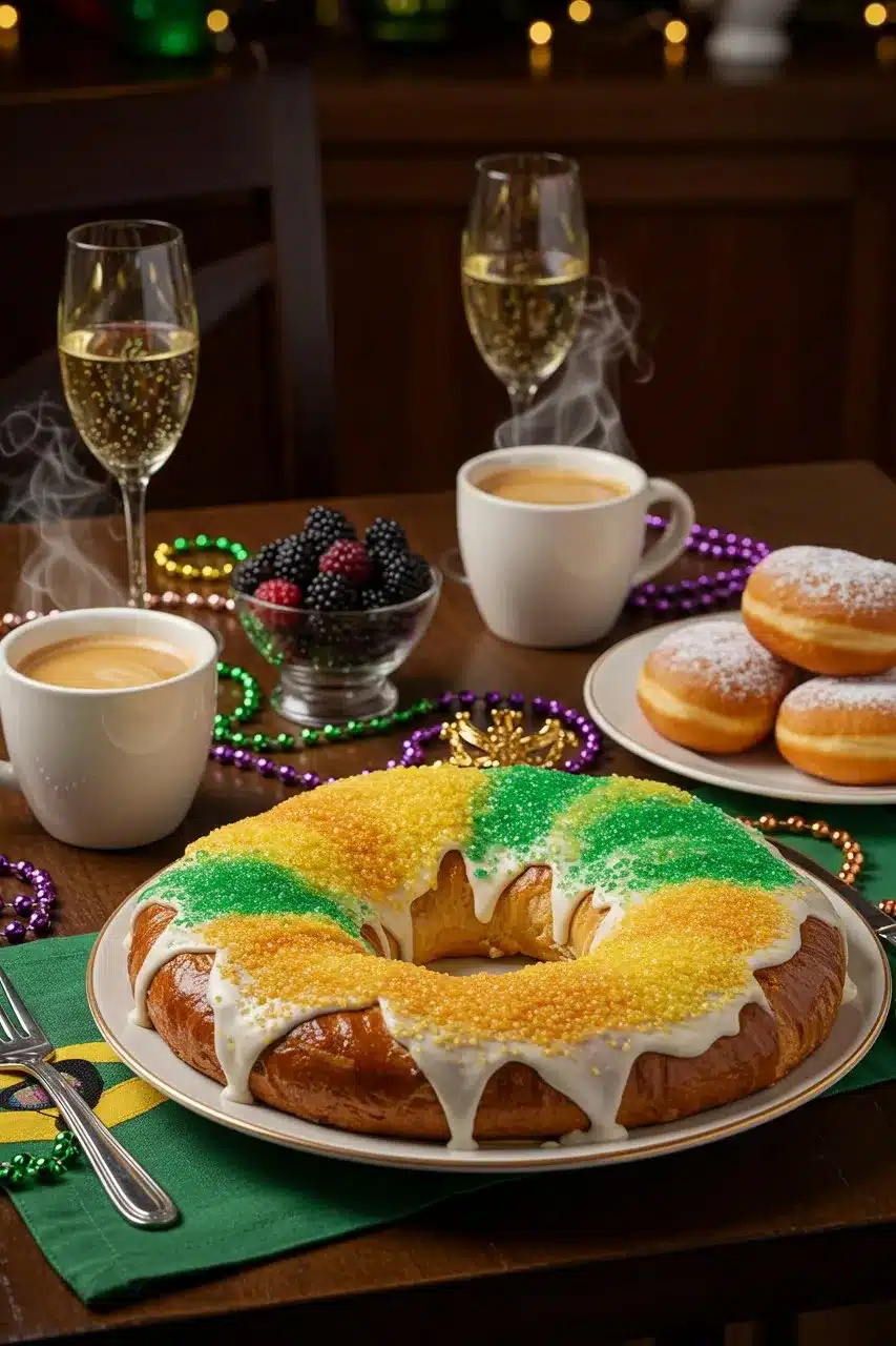 A festive dessert ring topped with icing and colorful sugar, served with coffee, champagne, fresh berries, and beignets on a decorated table.