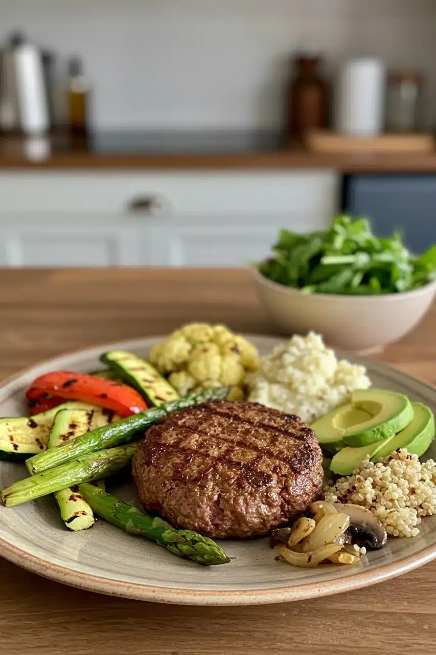 A grilled beef patty served with roasted vegetables, quinoa, avocado, and sautéed onions on a plate, with a fresh green salad in the background.