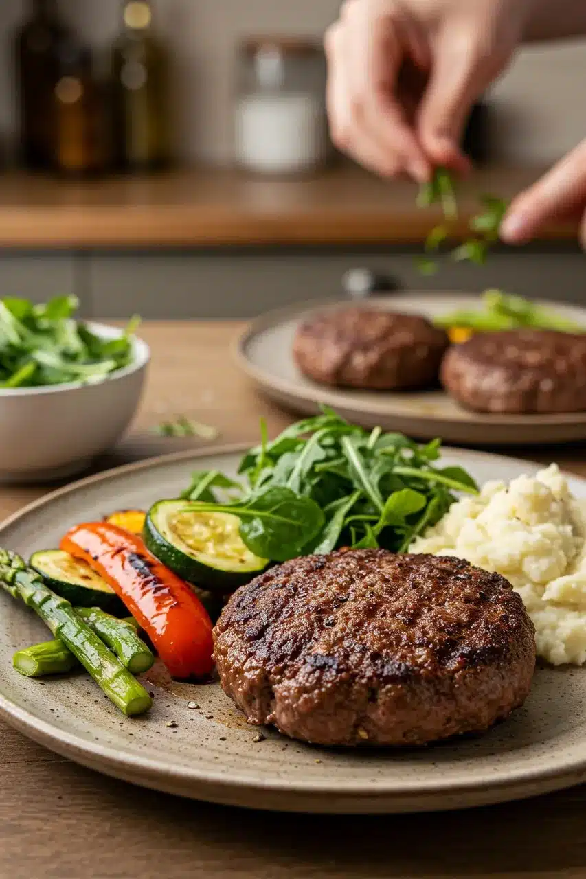 A juicy grilled beef patty served with roasted vegetables, fresh greens, and mashed cauliflower, with a hand adding garnish in the background.