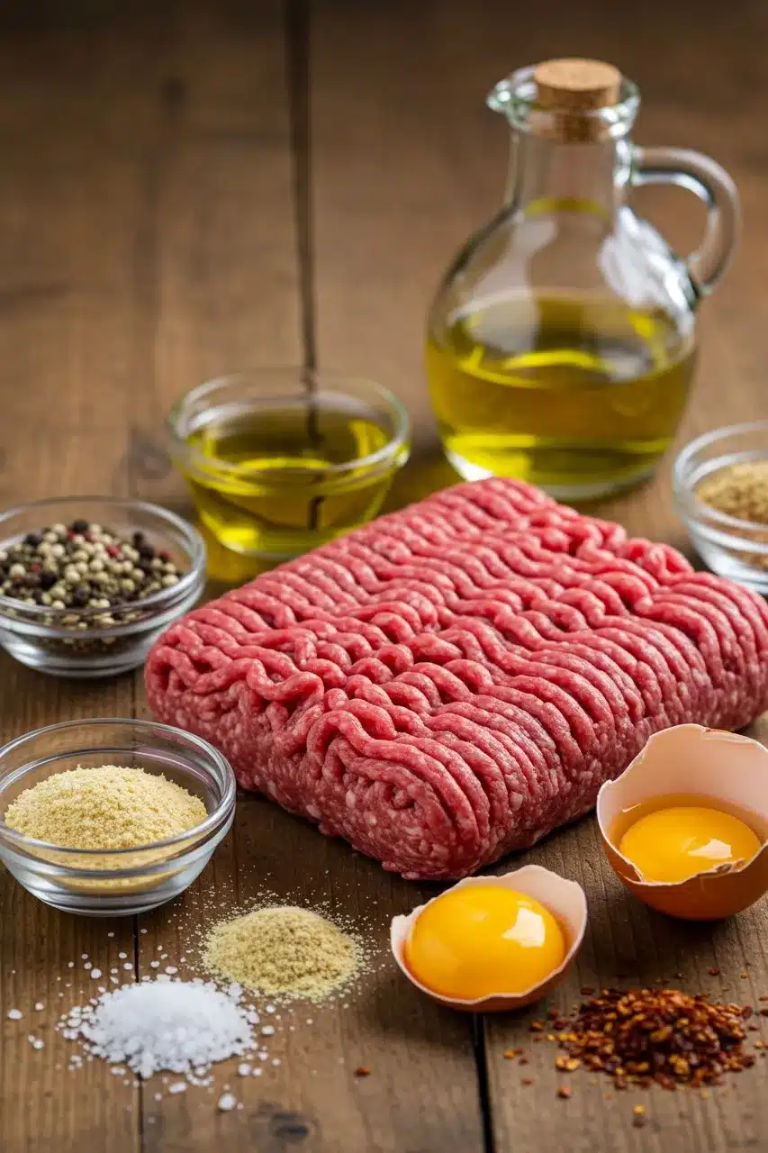 Fresh lean ground beef with seasonings, egg yolks, olive oil, and spices on a rustic wooden surface, ready for making beef patties.