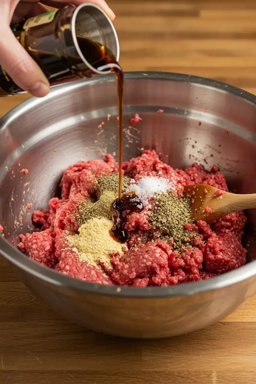 Seasoned ground beef in a mixing bowl with Worcestershire sauce being poured in, ready for making a juicy homemade meat patty.