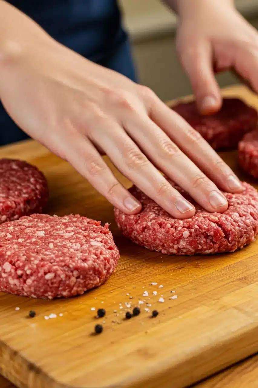Hands shaping fresh ground beef into patties on a wooden board, preparing for cooking a homemade protein-rich meat patty.