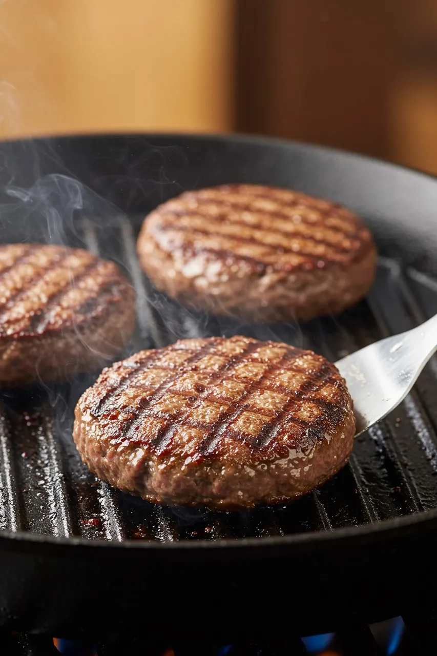Juicy homemade beef patties sizzling on a grill pan, with a perfect sear and grill marks. Steam rises as they cook to perfection.