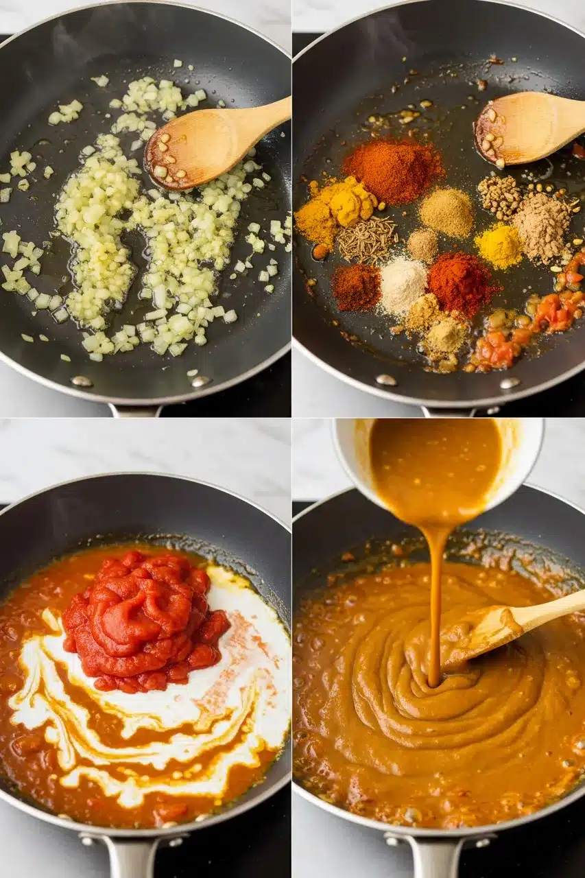 Step-by-step process of making homemade curry sauce, from sautéing aromatics to adding spices, tomato puree, and blending into a smooth texture.