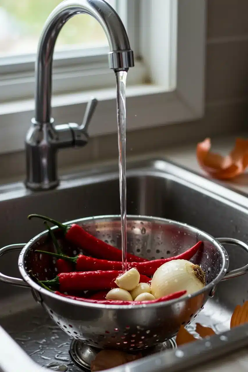 Fresh red chili peppers, garlic, and onion being washed in a stainless steel colander under running water in a kitchen sink.