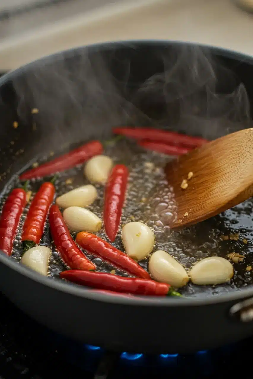 Red chili peppers and garlic cloves simmering in a pan with bubbling liquid, stirred with a wooden spatula.