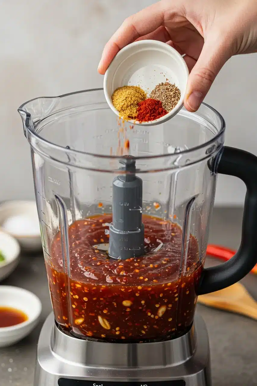 A blender filled with a thick, spicy red sauce ready to be processed