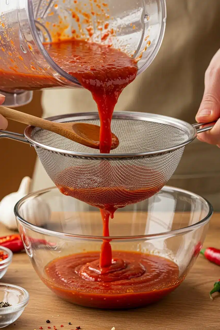 Straining a rich, red homemade hot sauce through a fine-mesh sieve.