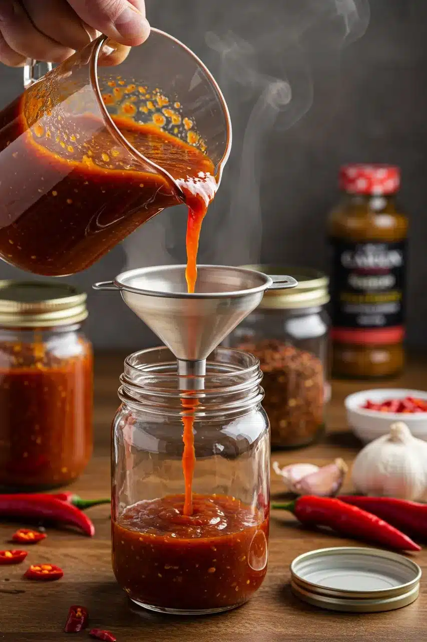 A sealed glass jar filled with vibrant red sauce, placed in the fridge for storage.