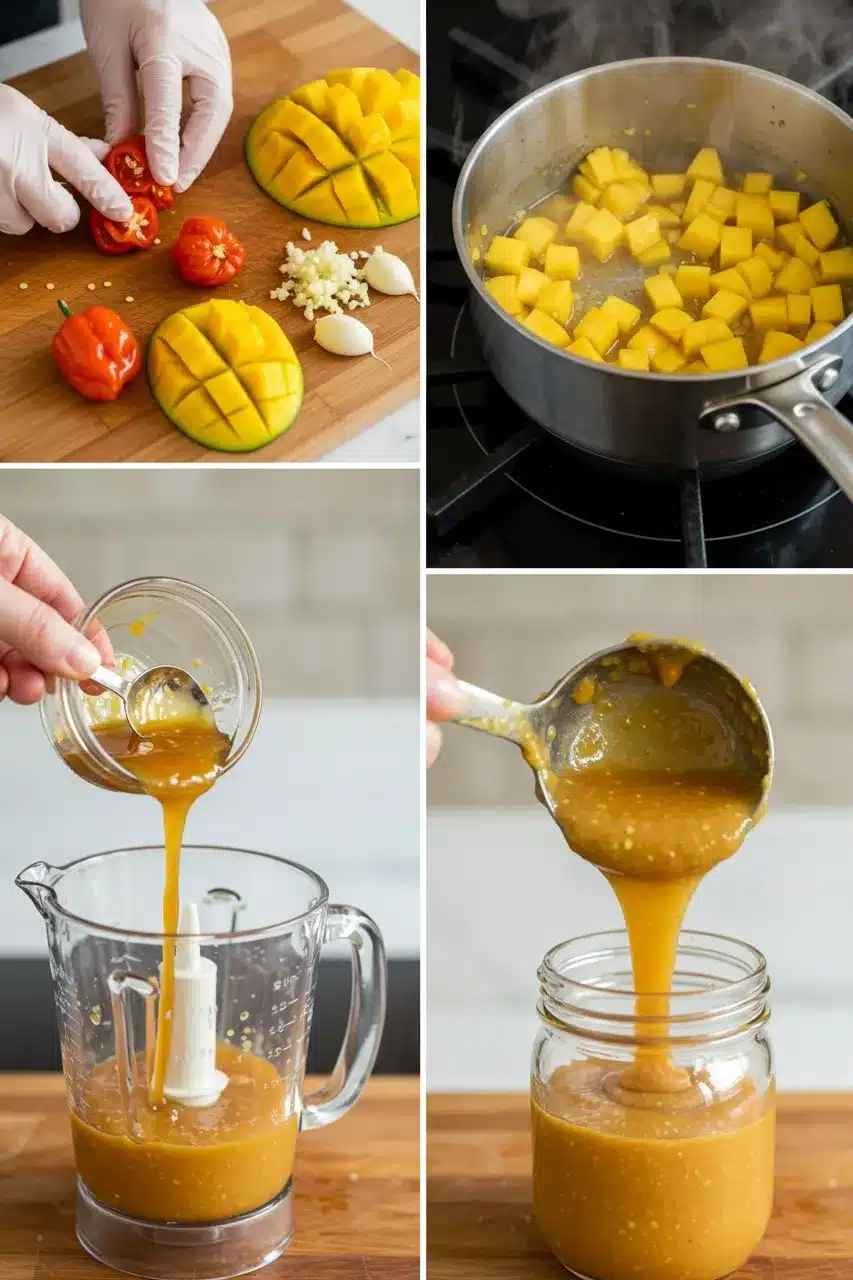 Four images in one collage: gloved hands seeding habanero peppers beside diced mango, mango cubes simmering in a saucepan, sauce pouring into a blender, and sauce being ladled into a jar.