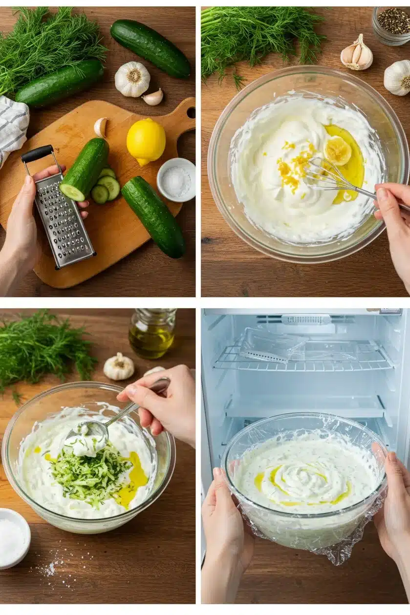 Four steps showing how to make homemade tzatziki sauce from scratch.