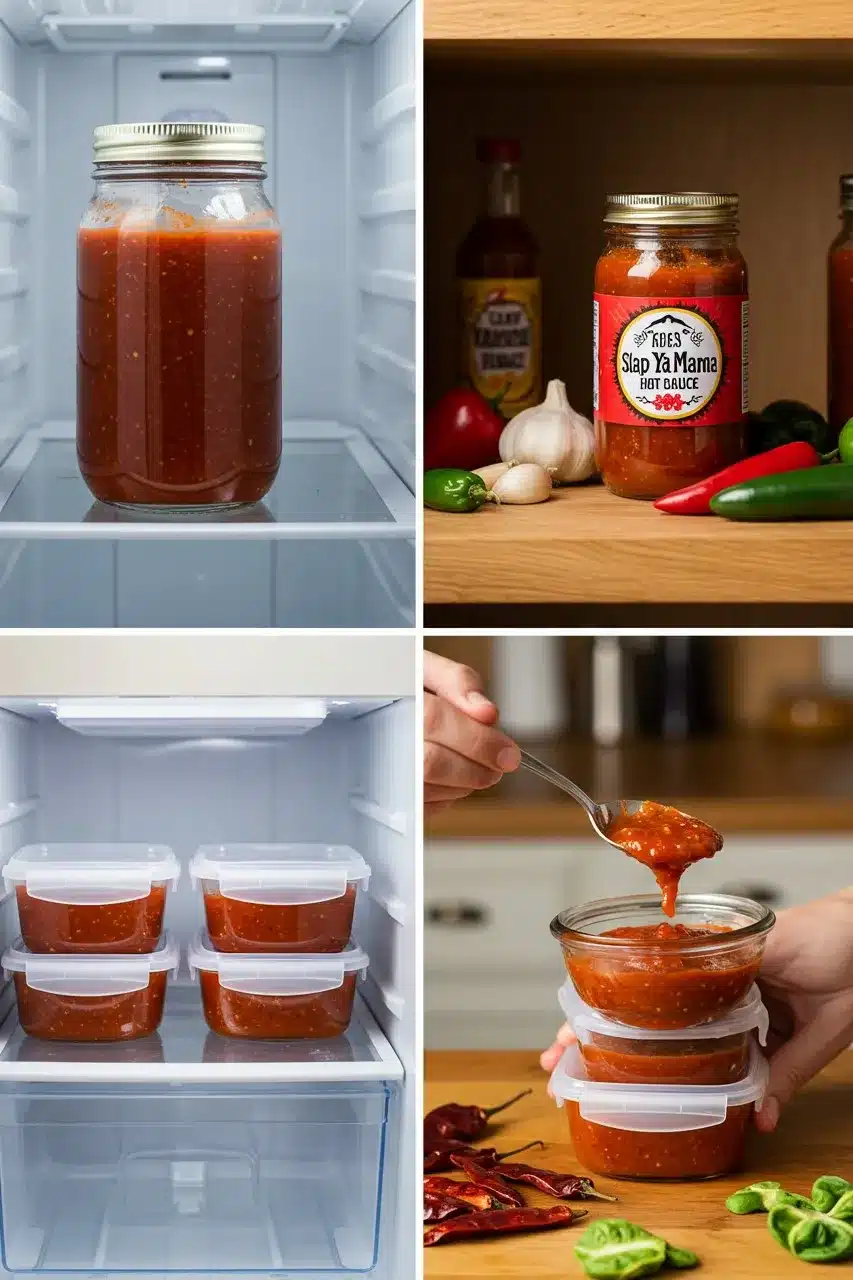 Four-panel image showing different storage methods for homemade Slap Ya Mama hot sauce, including refrigeration, pantry storage, freezing, and portioning.