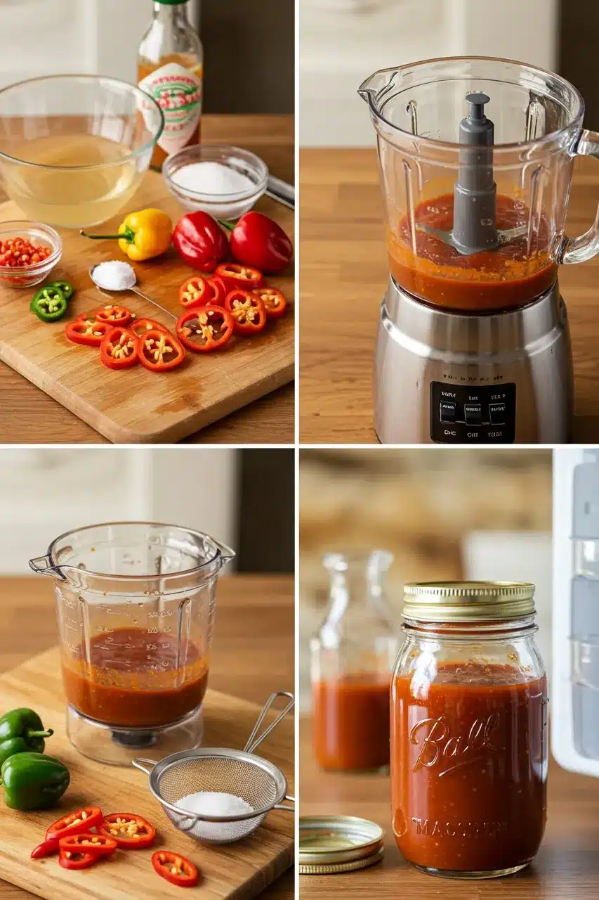 Four-step process of making homemade Slap Ya Mama hot sauce, from fresh ingredients to blending, straining, and storing in a glass jar.