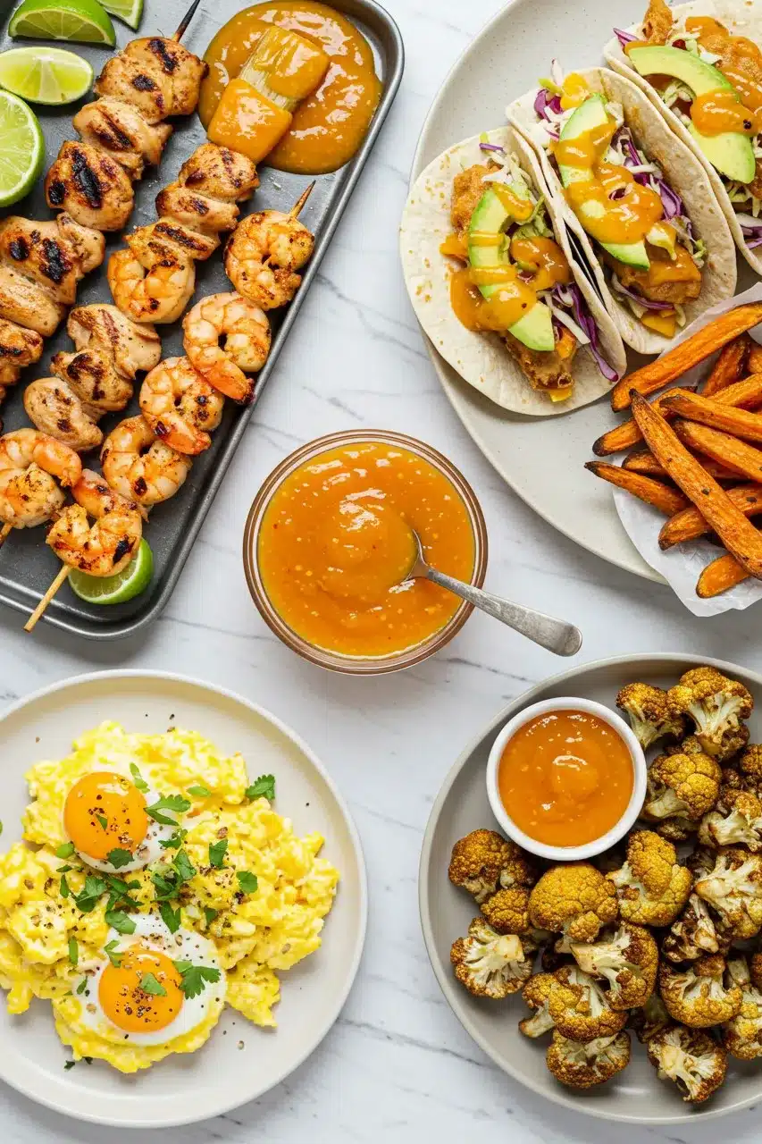 A top-down spread of grilled chicken and shrimp skewers, fish tacos with avocado, sweet potato fries, scrambled eggs, and roasted cauliflower, all paired with a bowl of vibrant orange mango habanero sauce.