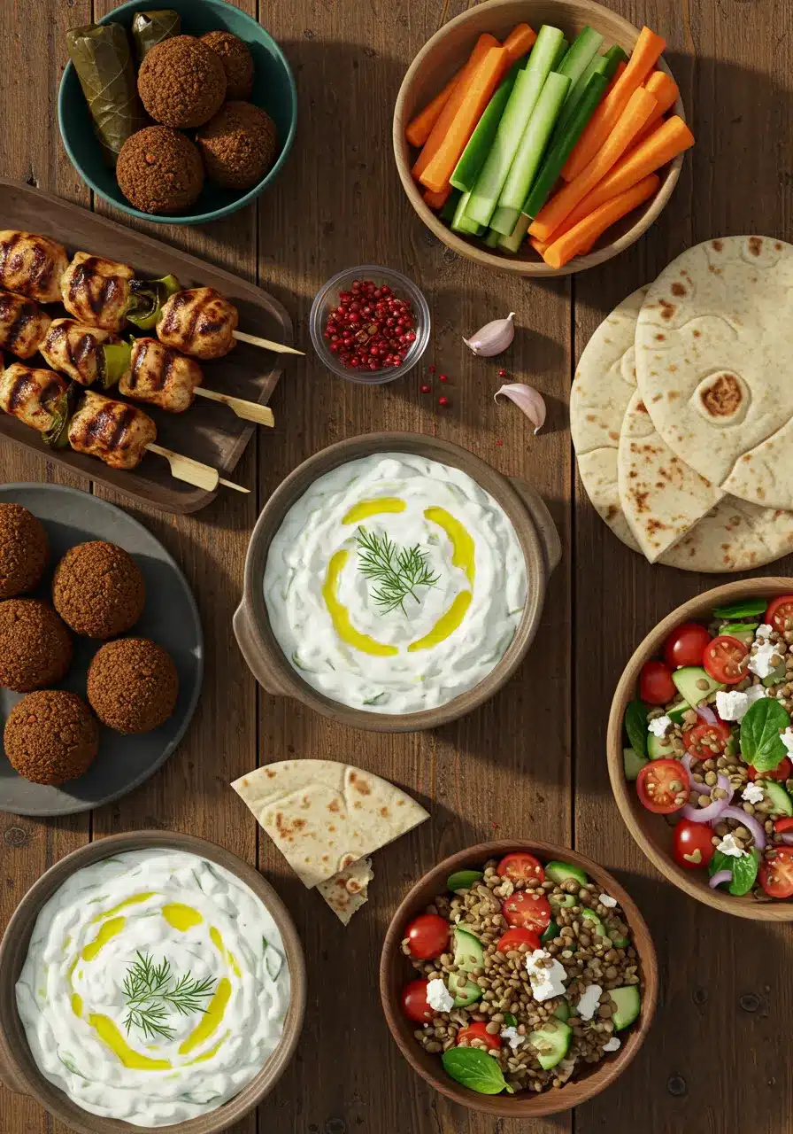Tzatziki sauce served with grilled skewers, falafel, pita, and fresh vegetables.