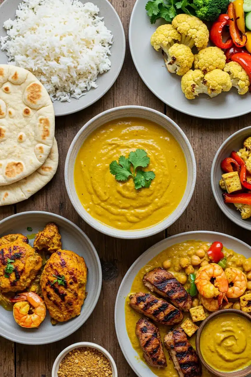 A bowl of homemade curry sauce surrounded by rice, naan, roasted vegetables, grilled chicken, shrimp, and chickpeas on a rustic wooden table.
