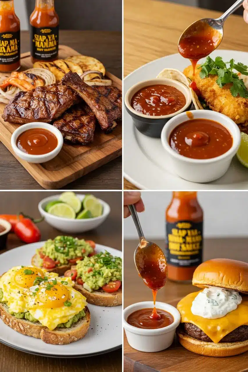  Four-panel image showing different ways to serve homemade Slap Ya Mama hot sauce with grilled meats, seafood, breakfast, and burgers.