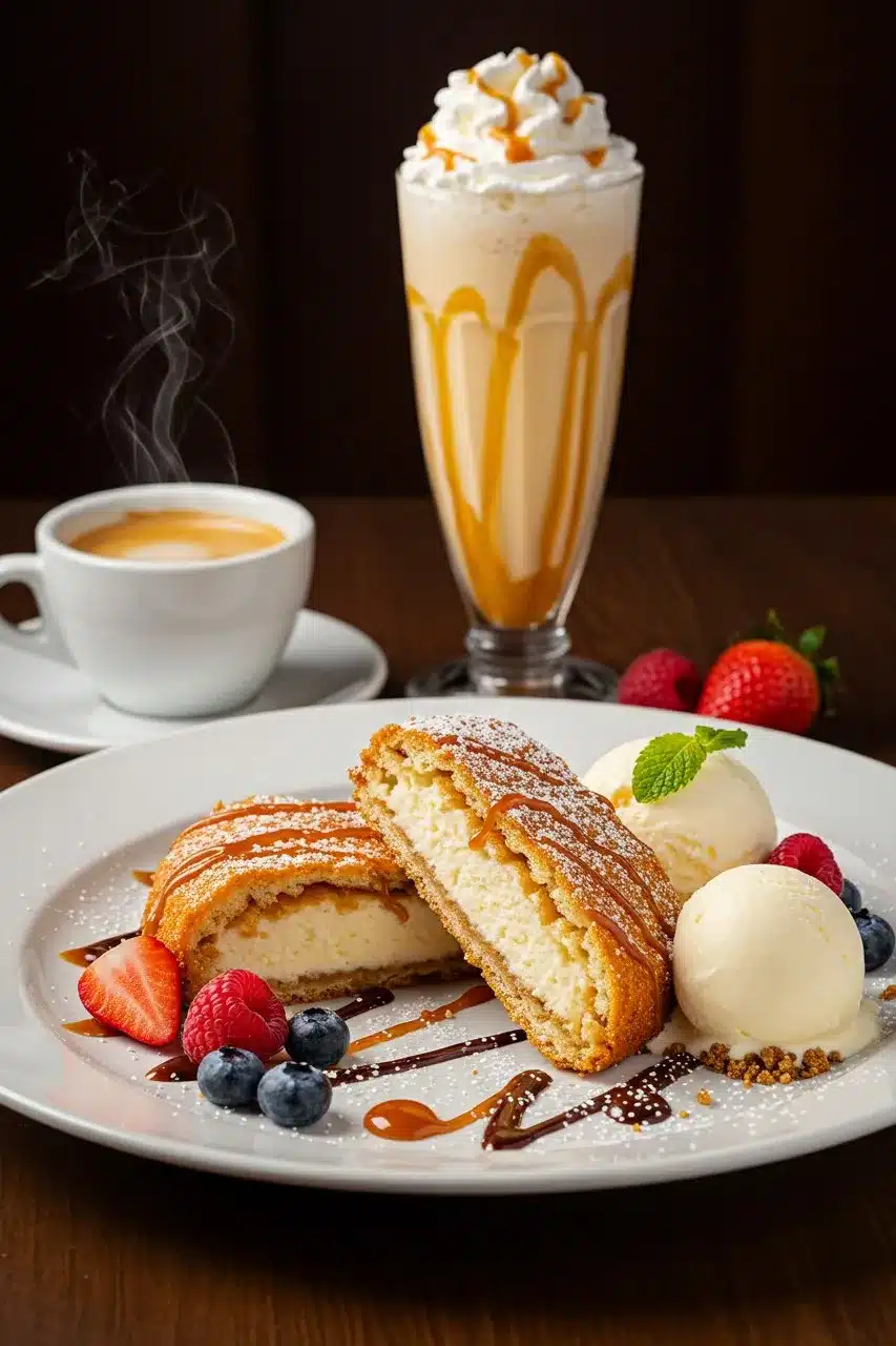 Xango dessert served with vanilla ice cream, fresh berries, and caramel drizzle, alongside a cup of coffee and a caramel milkshake.