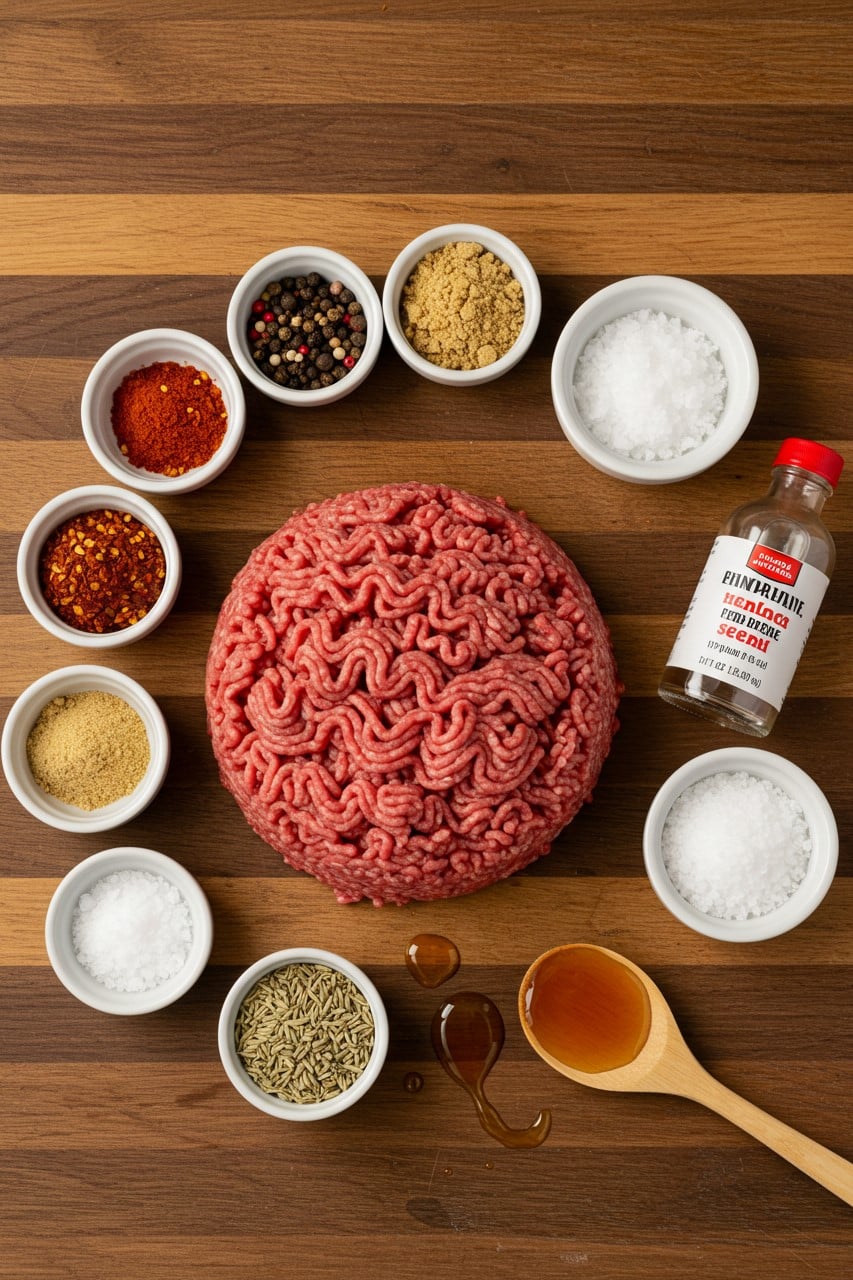 Fresh ground beef surrounded by spices, salt, fennel seeds, honey, and curing ingredients on a wooden surface, ready for making beef pepperoni.
