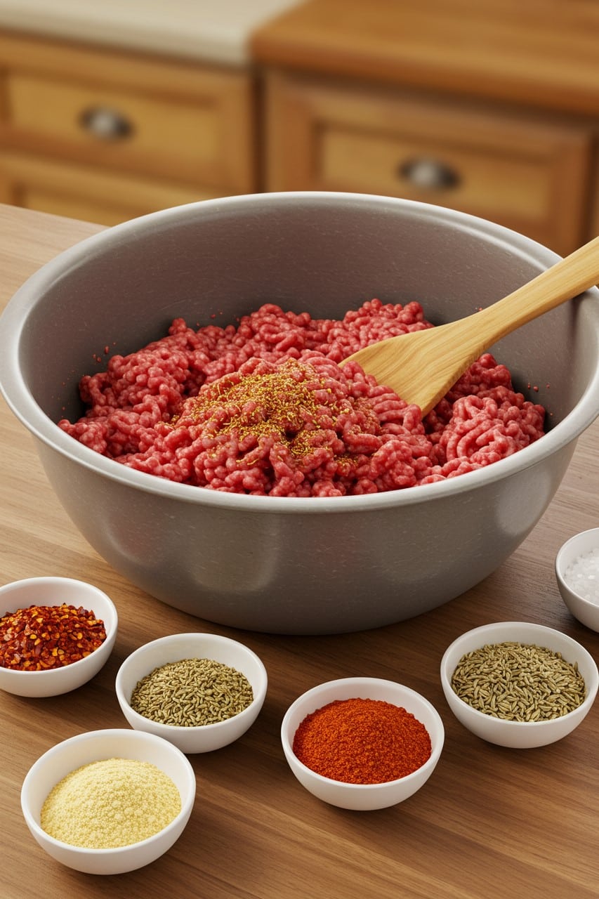 A mixing bowl filled with ground beef and spices, with a wooden spoon stirring, surrounded by small bowls of seasoning on a wooden countertop.