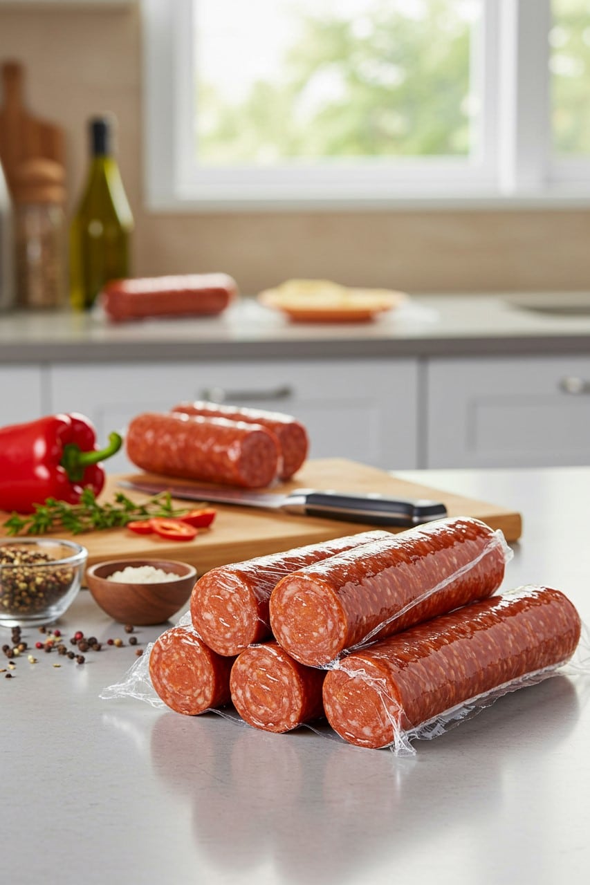 A stack of vacuum-sealed cured beef sausages on a kitchen counter, with spices, a cutting board, and fresh ingredients in the background.