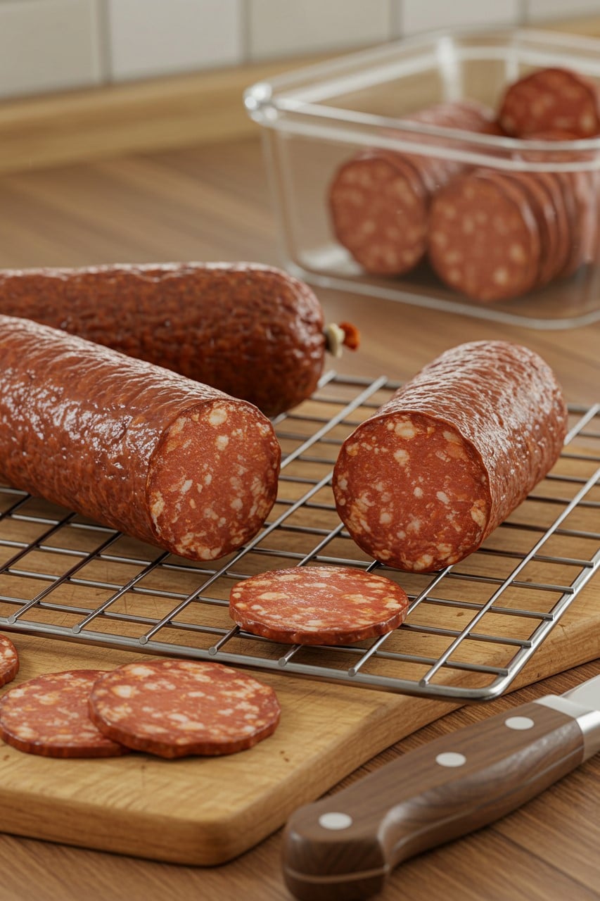 Sliced cured beef sausage resting on a wire rack, with whole logs and a storage container filled with slices in the background.