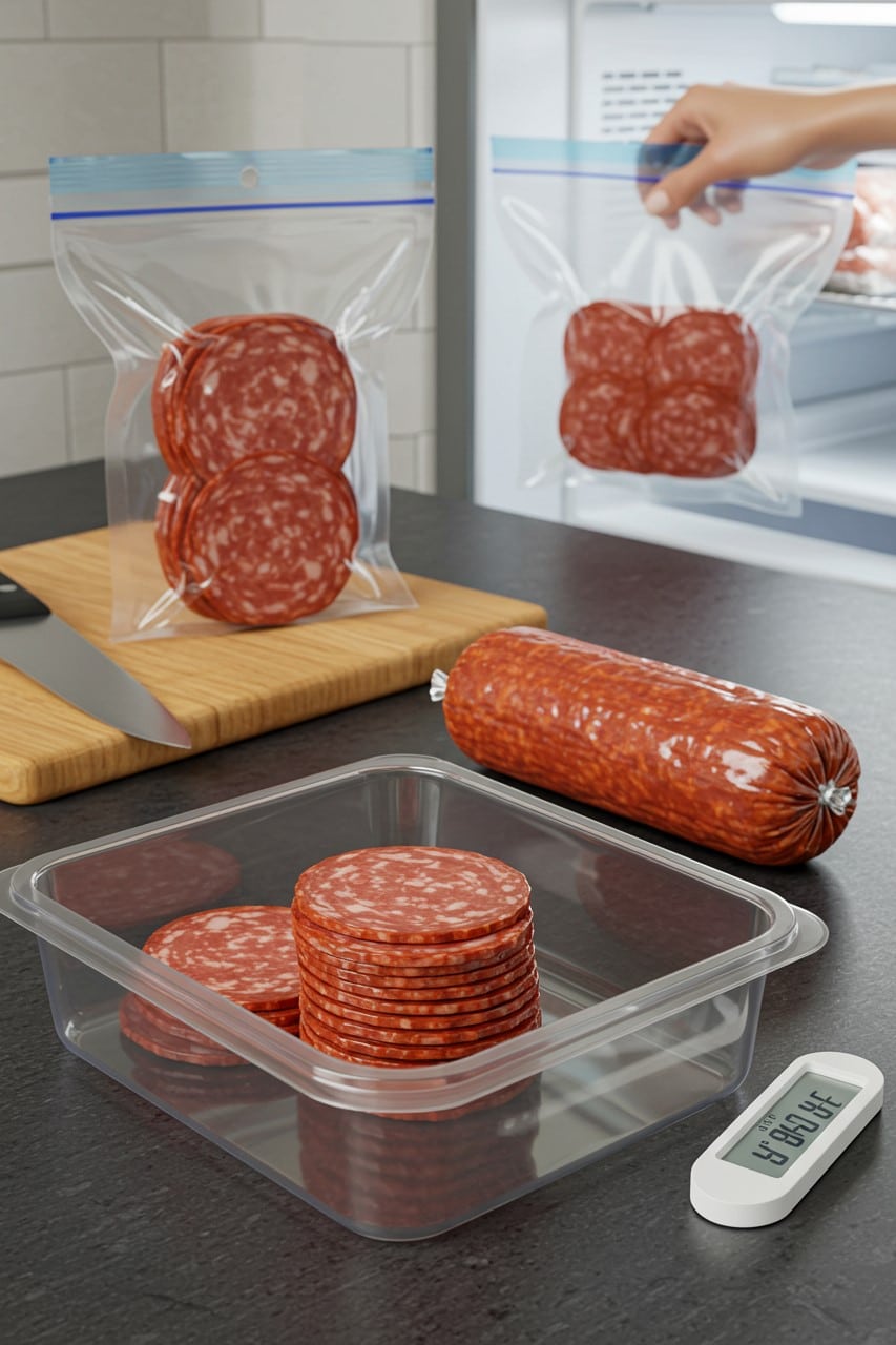 Sliced cured beef stored in airtight containers and freezer bags, with a whole sausage roll on the counter and a hand placing a bag into the freezer.