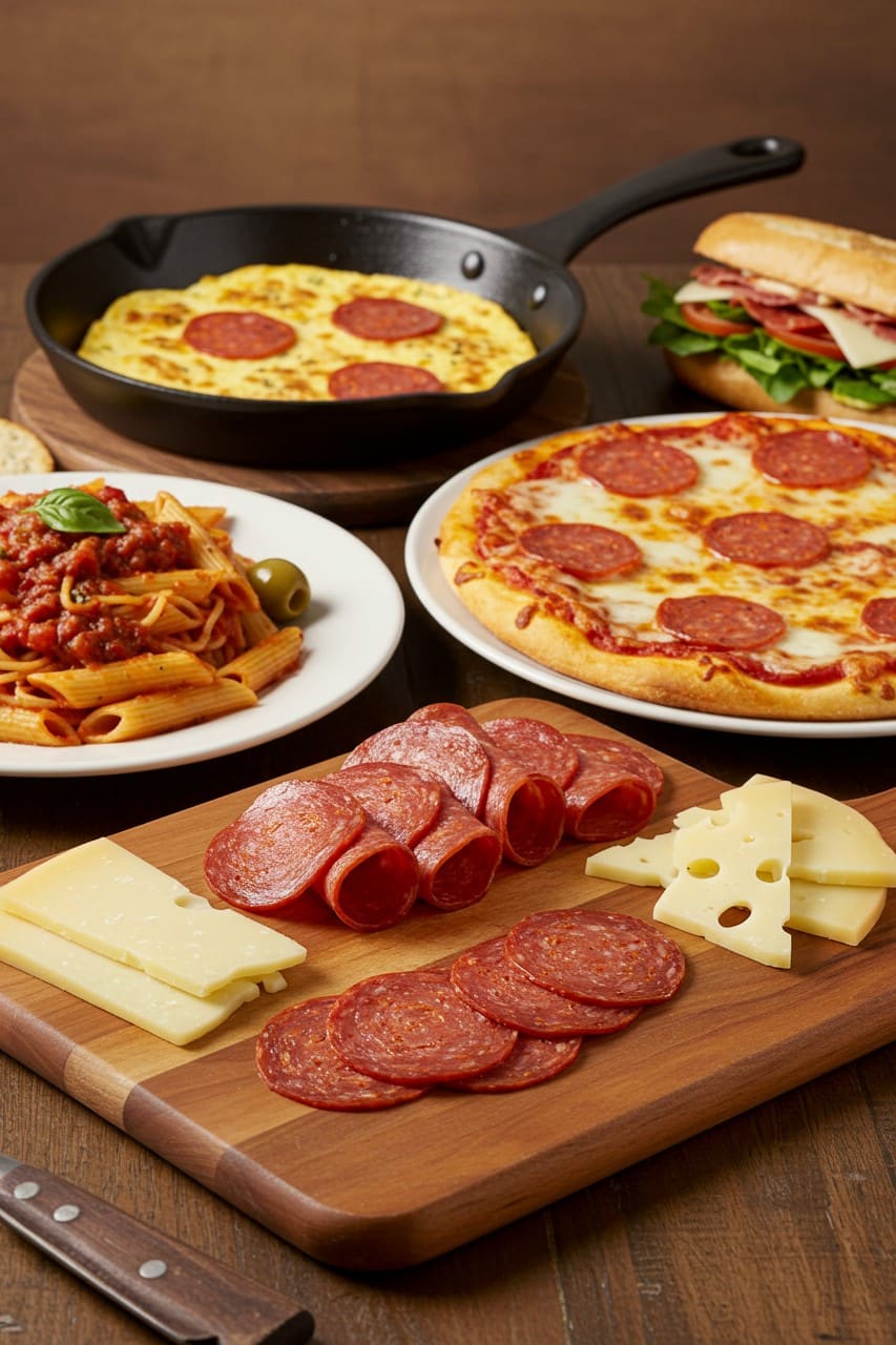 A variety of dishes featuring spiced beef sausage, including pizza, pasta, an omelet, a sandwich, and a charcuterie board with cheese.