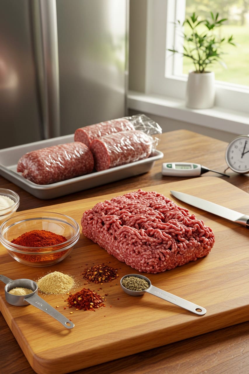 Fresh ground beef and spices on a wooden cutting board, with wrapped beef sausage logs resting on a tray in the background.