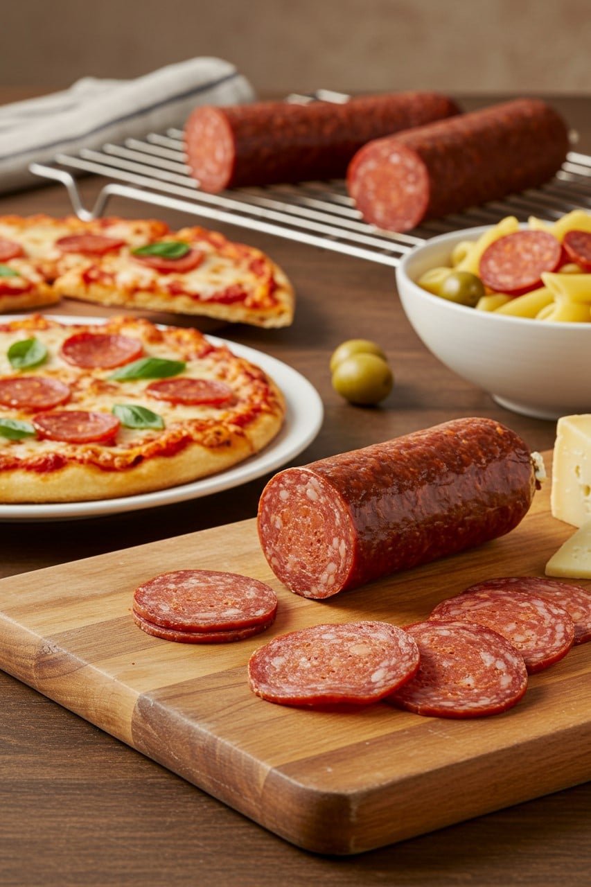Sliced cured beef sausage on a wooden board, with pizza, pasta, and whole sausage logs resting on a cooling rack in the background.