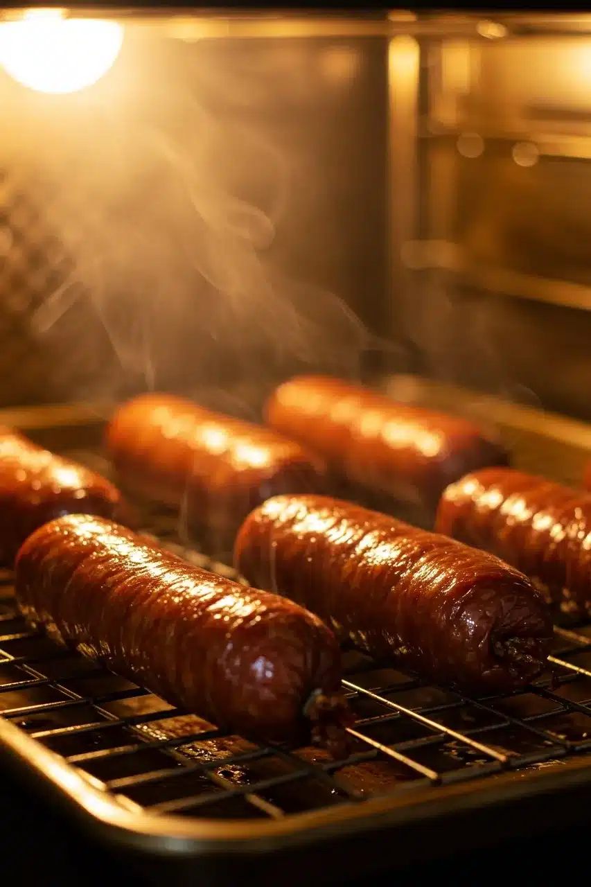 Beef pepperoni logs cooking on a wire rack in an oven, with steam rising under warm lighting.