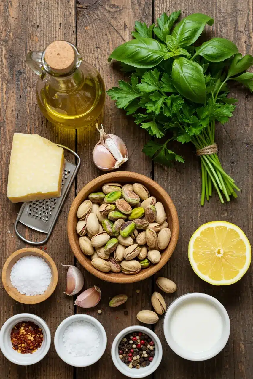 Fresh ingredients for homemade pistachio sauce, including pistachios, olive oil, garlic, Parmesan, fresh basil, parsley, lemon, salt, pepper, and cream on a rustic wooden surface.