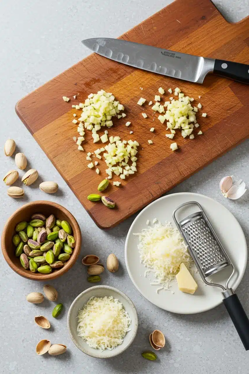 Finely chopped garlic on a wooden cutting board with a chef’s knife, alongside grated cheese, shelled pistachios, and whole pistachio nuts, ready for making a nut-based sauce.
