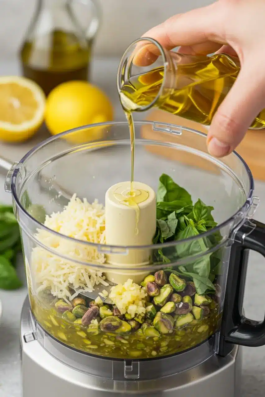 A food processor filled with pistachios, grated cheese, garlic, fresh basil, and olive oil being poured in, ready to blend into a nut-based pesto.