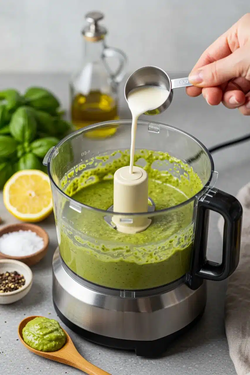 A hand pouring cream into a food processor filled with blended pistachio-based sauce, surrounded by fresh ingredients like basil, lemon, and olive oil.