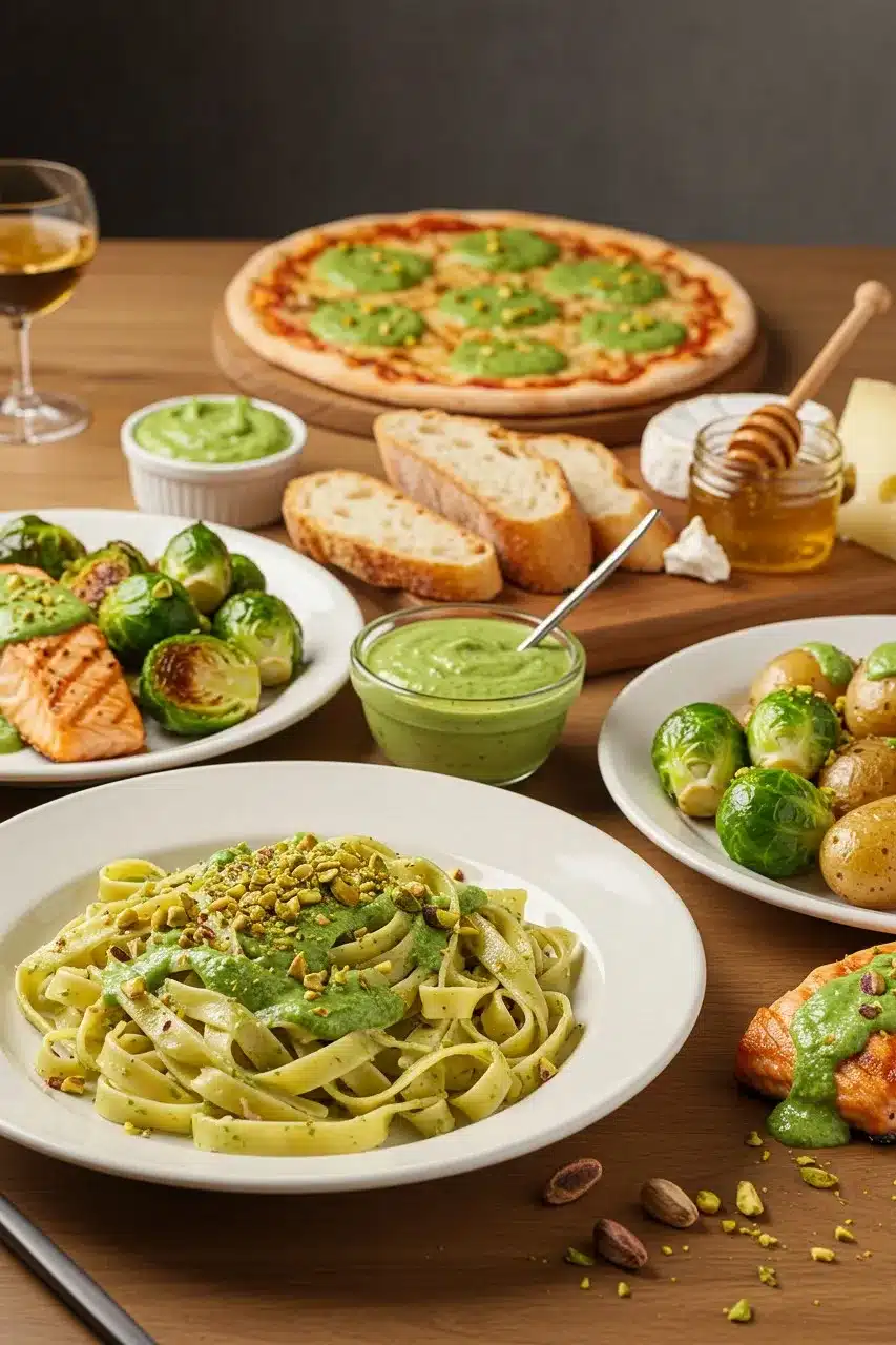 A variety of dishes featuring a creamy, nut-based green sauce, including pasta, pizza, grilled salmon, roasted vegetables, and crusty bread.