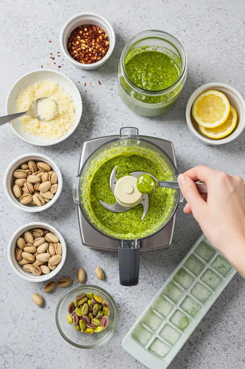 A freshly blended green pistachio-based sauce in a food processor, surrounded by ingredients like pistachios, Parmesan, lemon, and red pepper flakes.