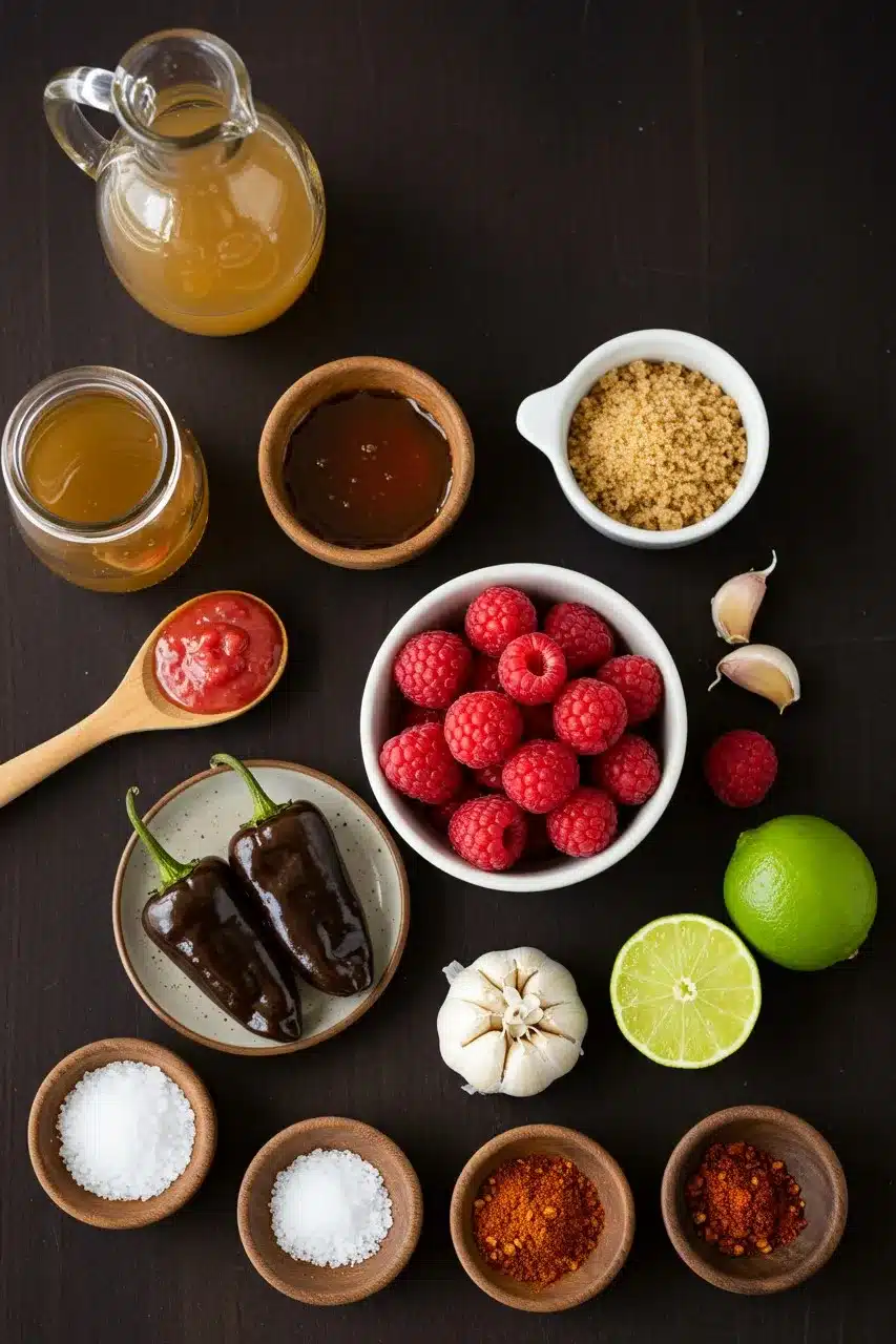 A variety of fresh ingredients, including raspberries, chipotle peppers, honey, and spices, arranged on a dark wooden surface.