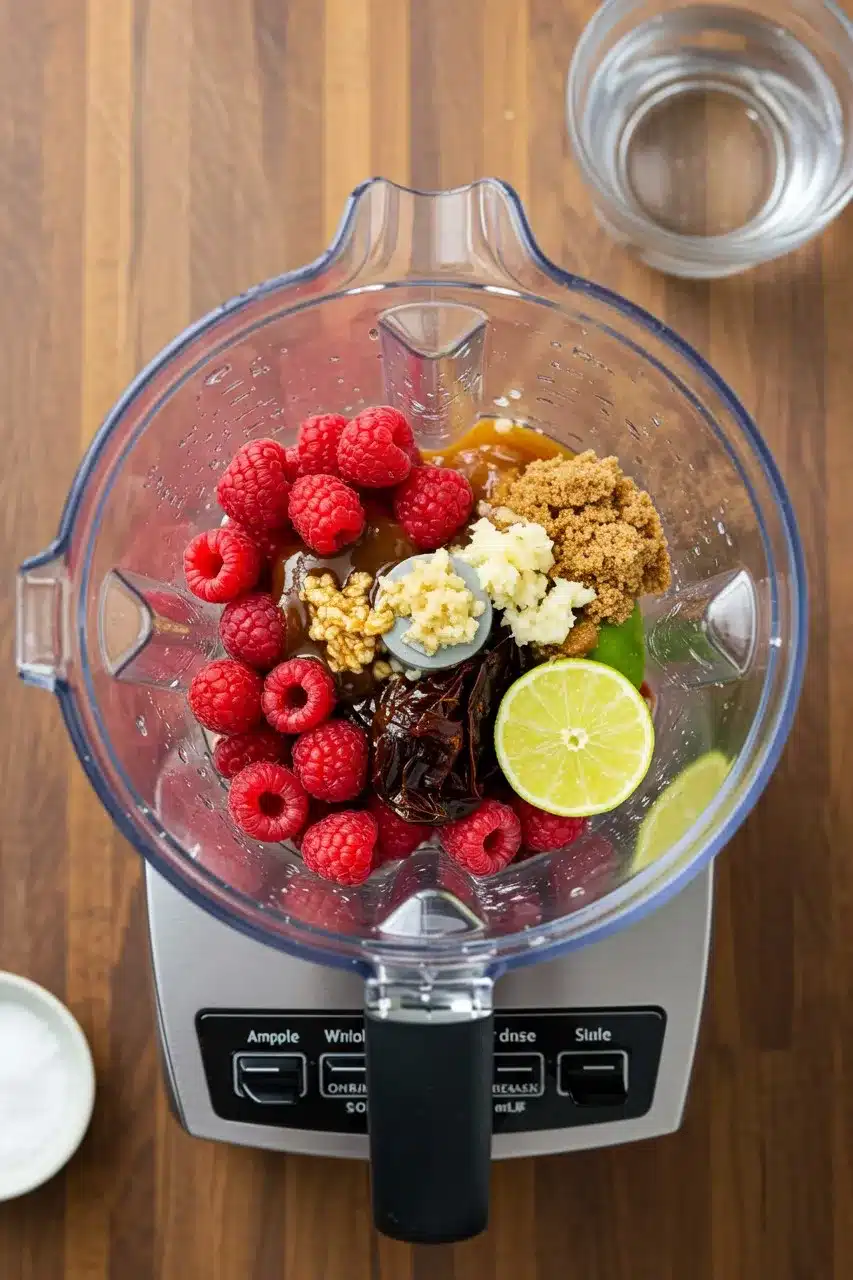 A blender filled with fresh raspberries, chipotle peppers, brown sugar, minced garlic, honey, and lime, ready to be blended into a raspberry chipotle sauce.