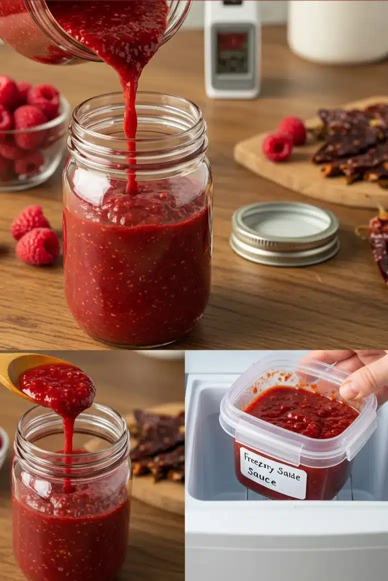 Raspberry chipotle sauce being poured into a glass jar for refrigeration and stored in a labeled container for freezing.