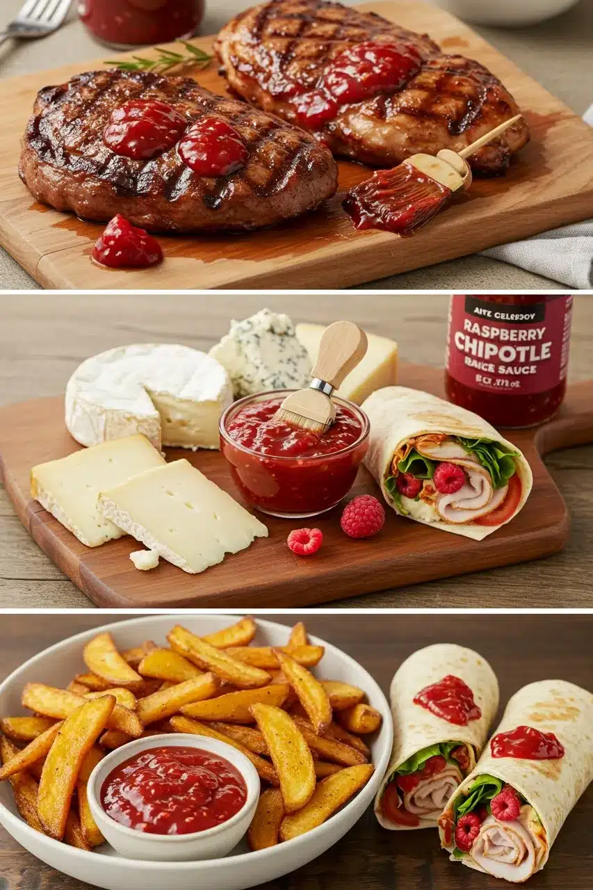 Three images showcasing raspberry chipotle sauce on grilled meats, a cheese board, turkey wraps, and crispy fries with dipping sauce.